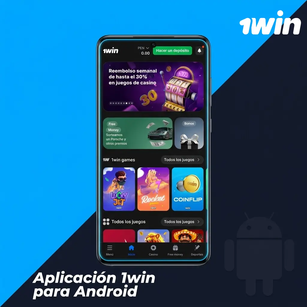 Interfaz de la aplicación móvil 1win para dispositivos Android con opciones de apuestas y casino
