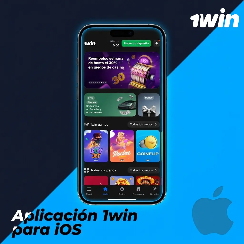 Interfaz de la aplicación móvil 1win para dispositivos iOS con opciones de apuestas y casino
