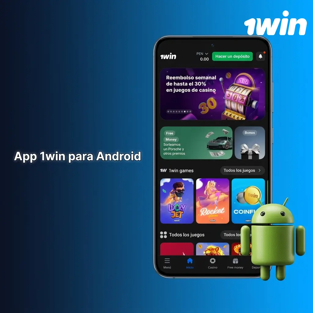 Pantalla de la aplicación móvil 1win para Android con interfaz de apuestas y casino en línea