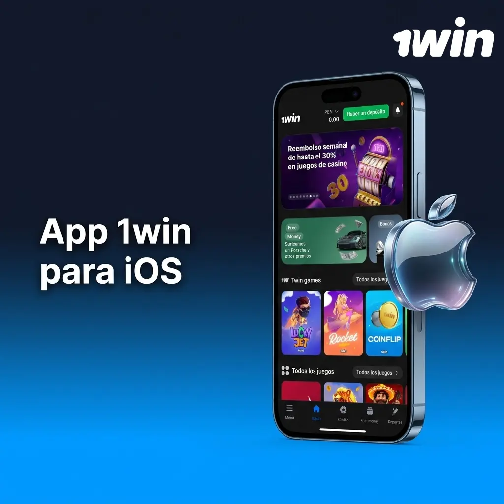 Pantalla de la aplicación móvil 1win para dispositivos iOS con interfaz de apuestas y casino