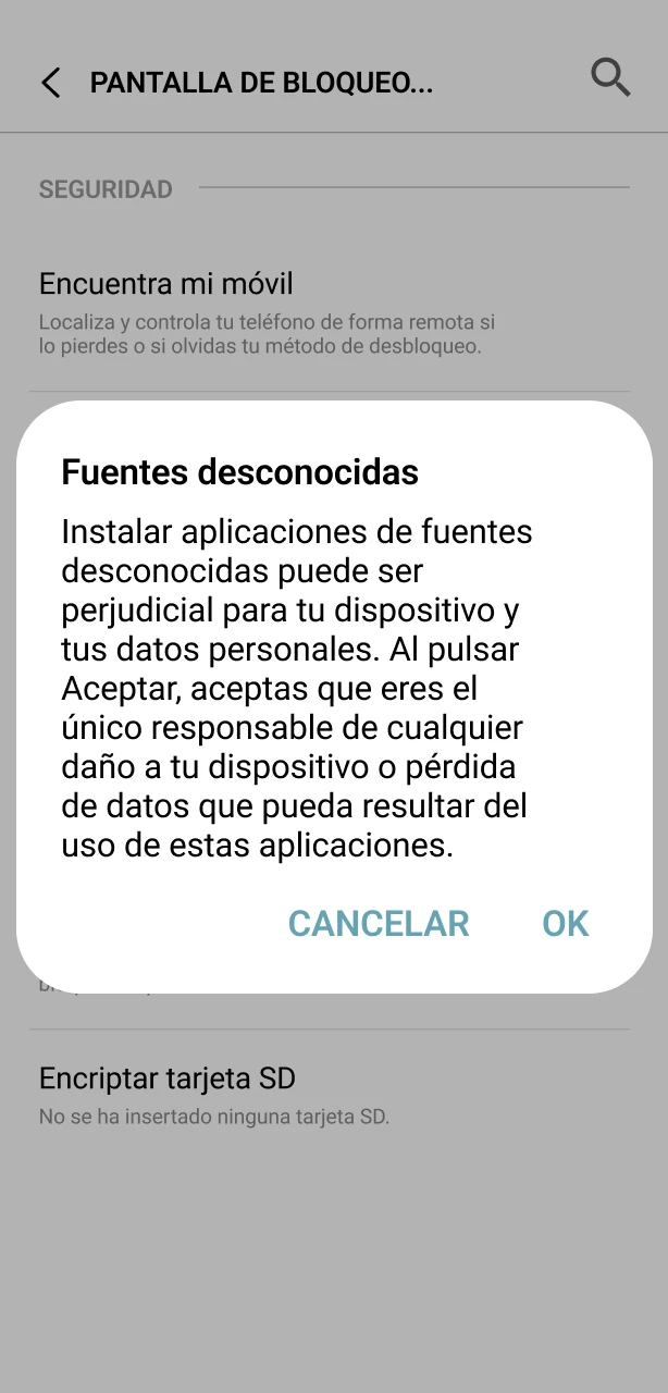 Habilita las fuentes desconocidas en la configuración de Android para instalar la app 1win.
