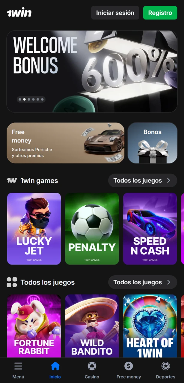 Explora la página de inicio en la app de 1win Perú y comienza a apostar.