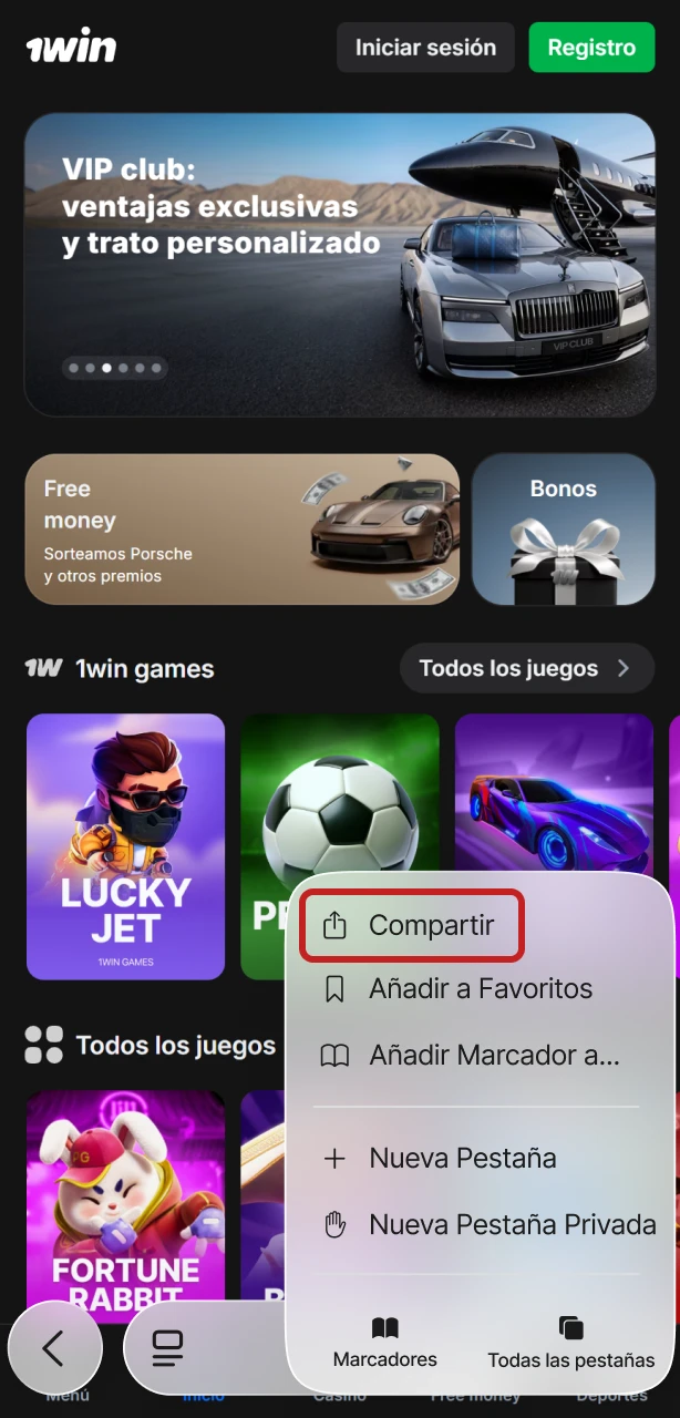 Agrega la app a tu pantalla de inicio en iOS para ingresar rápido a 1win.