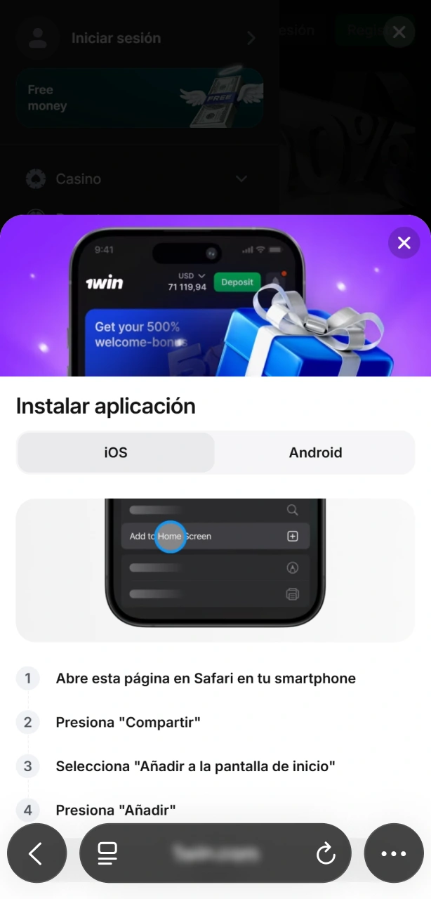 Pulsa el botón Descargar para iOS y obtén acceso directo a la app 1win.