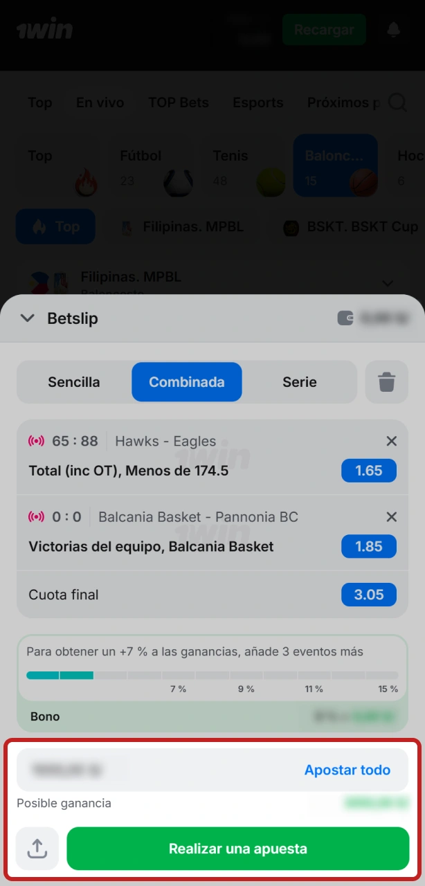 Ingresa el monto a apostar y asegura tu pronóstico de baloncesto en 1win.
