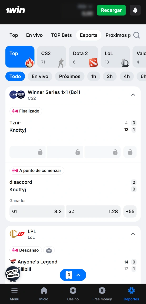 Ve a la sección E-Sports dentro de la plataforma oficial de 1win.