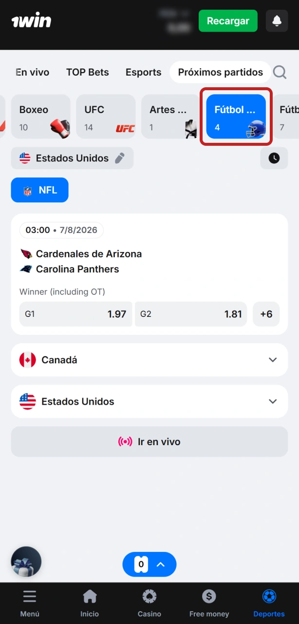 Elige un partido de fútbol americano dentro del catálogo deportivo de 1win.
