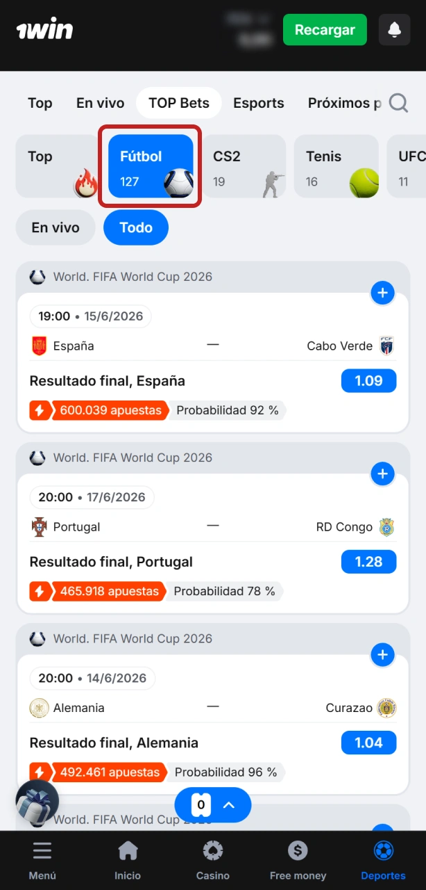 Busca la sección de fútbol y deportes para tus apuestas en 1win.