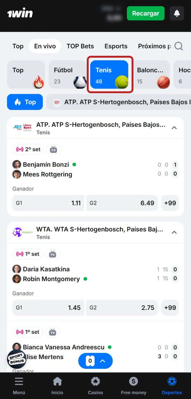 Elegir un partido de tenis dentro del catálogo deportivo de 1win.